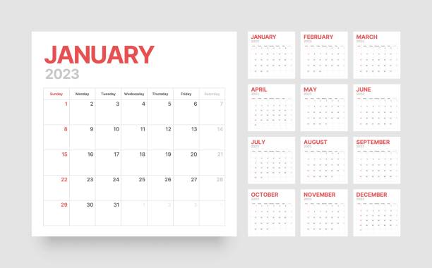 Monthly calendar for 2023 year. Starts on Sunday. Monthly calendar template for 2023 year. Desktop calendar in the style of minimalist square shape. Week Starts on Sunday. kalender stock illustrations