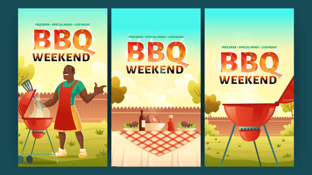 BBQ weekend banners with man and grill on backyard BBQ weekend banners with man cooks meat on grill. Vector posters of barbecue party with cartoon illustration of picnic with barbeque and table with food on summer lawn in park or backyard backyard background stock illustrations