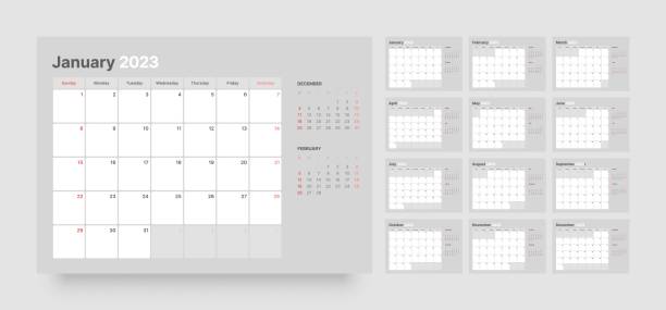 Monthly calendar for 2023 year. Starts on Sunday. Monthly calendar template for 2023 year. Wall calendar in a minimalist style. Week Starts on Sunday. kalender stock illustrations