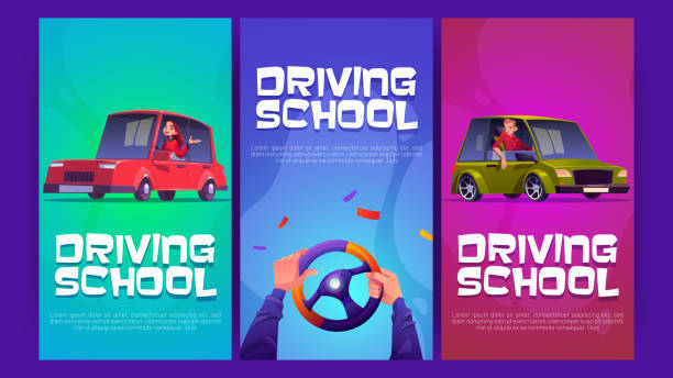 Driving school cartoon posters with driver in auto Driving school cartoon posters with driver hands on car steering wheel. Man and woman sitting in automobiles. Auto lessons for license, educational courses advertisement, Vector illustration flyers learn to drive stock illustrations