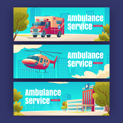 Ambulance service cartoon medical banners set
