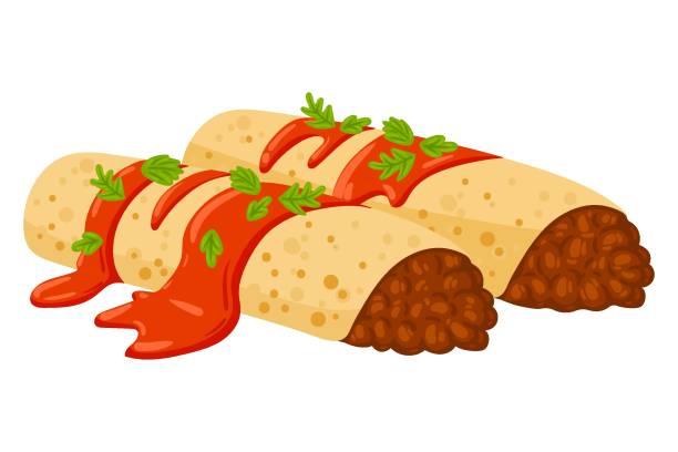 Cartoon Enchiladas Mexican food vector illustration. Traditional Mexican Cuisine. Enchiladas with sauce isolated on white background Cartoon Enchiladas Mexican food vector illustration. Traditional Mexican Cuisine. Enchiladas with sauce isolated on white background. enchilada stock illustrations