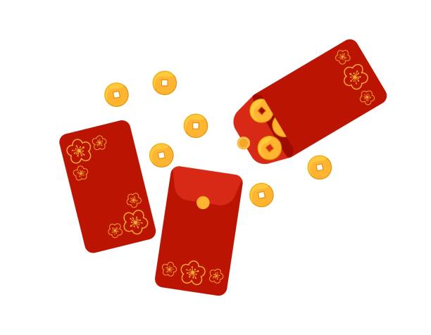 Chinese hongbao, festive red envelopes with sakura flowers ornament. Traditional gift with coins, money for Chinese New Year, birthday, wedding and other holidays. Vector flat illustration Chinese hongbao, festive red envelopes with sakura flowers ornament. Traditional gift with coins, money for Chinese New Year, birthday, wedding and other holidays. Vector flat illustration. wish yuan stock illustrations