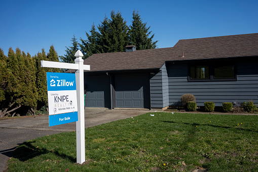 Portland, OR, USA - Feb 25, 2022: A single-family house owned by Zillow is seen for sale in southwest Portland, Oregon. Zillow exited its iBuyer business, Zillow Offers, at the end of 2021.