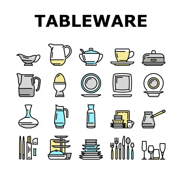 Vector illustration of Tableware For Banquet Or Dinner Icons Set Vector