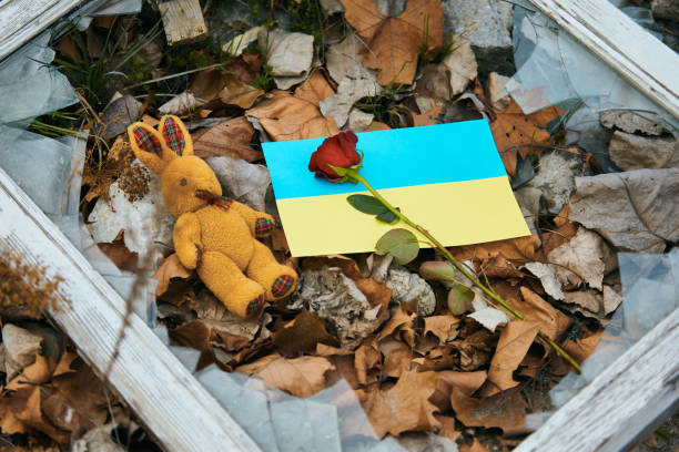Stand for Ukraine! Ukrainian flag, red rose  and bunny plush toy on shattered glass of broken window. 2022 russian invasion of ukraine stock pictures, royalty-free photos & images