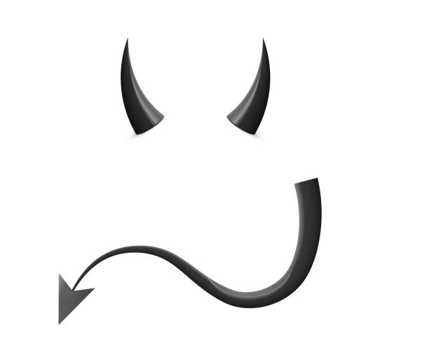 Black devil horn and tail, 3d realistic cute elements for face mask and head or costume Black devil horn and tail vector illustration. 3d realistic cute elements for face mask and head or costume, wicked demon symbol for Halloween carnival, hot malicious evil monster isolated on white devils horn stock illustrations