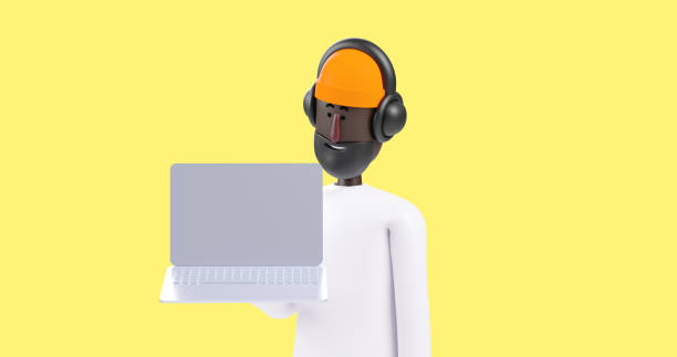 istock 3d business black man holding laptop using headphones. 1383733523