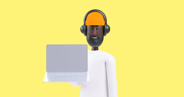 istock 3d business black man holding laptop using headphones. 1383733524