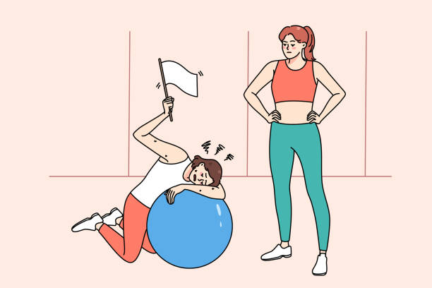 erschöpfte frau, die beim training im fitnessstudio auf dem ball liegt - coach individuality organized group gym stock-grafiken, -clipart, -cartoons und -symbole