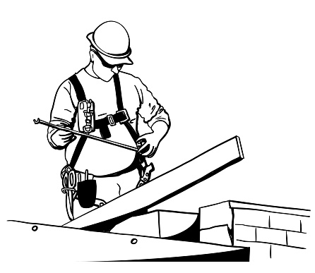 Construction worker carpenter at work on a rooftop taking some measurements.  vector illustration drawing