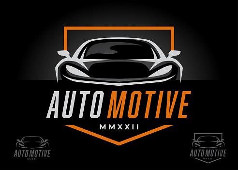 Sports car front icon design. Supercar auto silhouette symbol. Motor vehicle dealership showroom badge. Automotive performance garage workshop sign. Vector illustration.