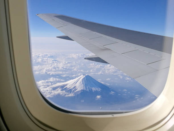 Top view fuji mountain and airplane wing from window seat