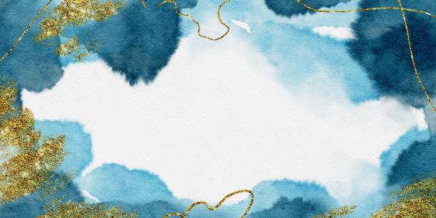 istock Hand Drawing Watercolor Blue background with golden spalsh and lines. Copyspace for your text. Use for poster, business card and wedding invitation 1383771554