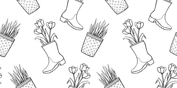 Vector illustration of Vector seamless pattern of flower pots with decorative grass, plant, tulips in rubber rain boots. Cute spring summer texture in cartoon doodle style, isolated. Home, garden decoration theme