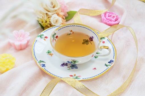 Tea time to enjoy with a fruit-patterned tea cup