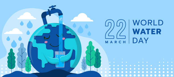 ilustrações, clipart, desenhos animados e ícones de dia mundial da água - feliz mundo se vangloriar charecte segurar um copo para receber água do projeto vetor de torneira - dia da agua