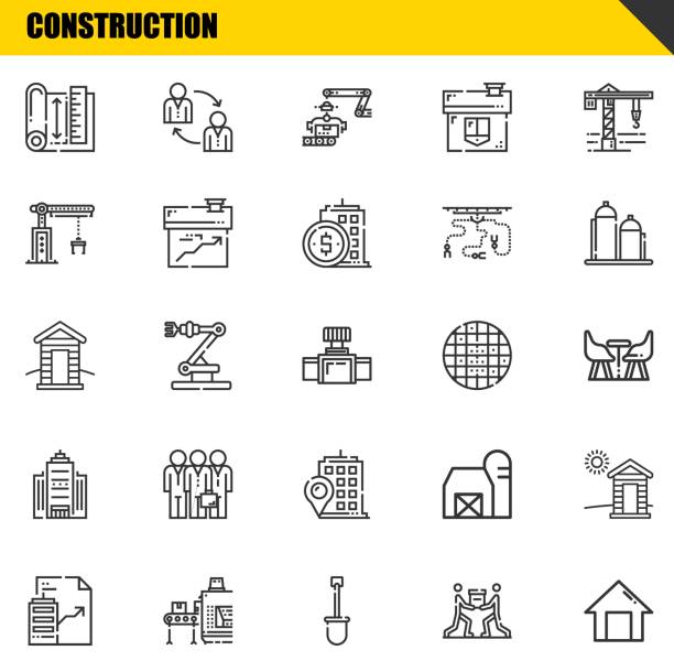 ilustrações, clipart, desenhos animados e ícones de conjunto de ícones de linha vetorial de construção. projeto, imóveis e ícones da cabine. design de linha fina. elementos gráficos de contorno modernos, símbolos de traçado simples ilustração de estoque - real people illustrations