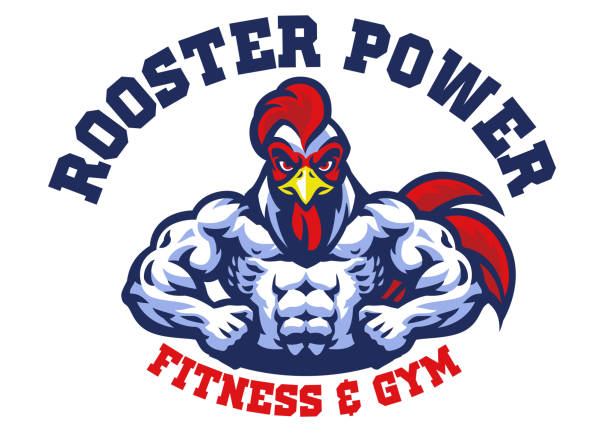 illustrazioni stock, clip art, cartoni animati e icone di tendenza di gallo bodybuilder mascotte logo - chicken strip