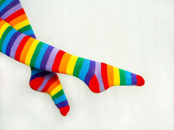 istock Colorful striped socks. Knee-length multicolored knit socks. 1383812258