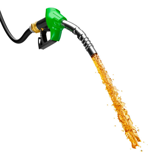 istock Petrol gushing out from pump isolated on white background - 3D rendering 1383813920