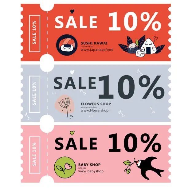 Vector illustration of Coupon discounts, sales, clothing store, flowers, children's store, restaurant, discount cartoon style colors background. Vector corporate identity of the restaurant, elements sushi bar.