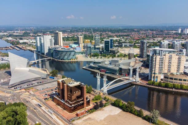 Wide angle aerial view of Salford Quays, Manchester, England, UK stock photo
