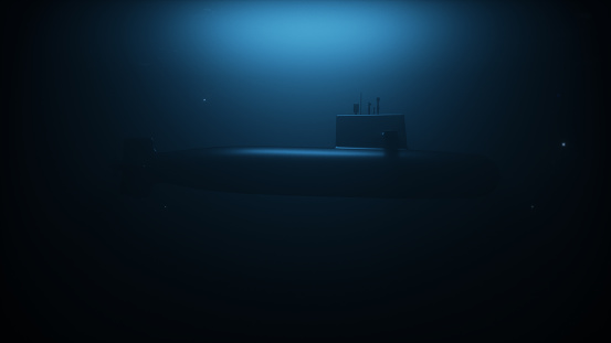 3D Rendering of a submarine patrolling in deep ocean