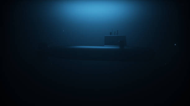 3d rendering of a submarine patrolling in deep ocean - submarino subaquático imagens e fotografias de stock
