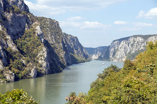 Aerial view at Danube riverbed in Djerdap National Park on the Serbian Romanian border.