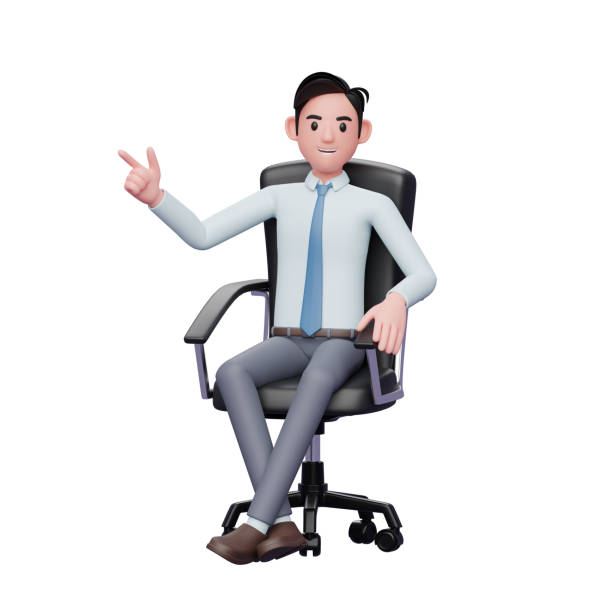 istock Young successful businessman sitting on a chair pointing up sideways, 3d render character illustration 1383826398