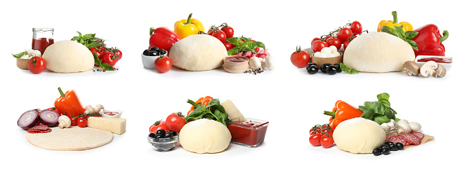 Set with raw dough and ingredients for pizza on white background. Banner design
