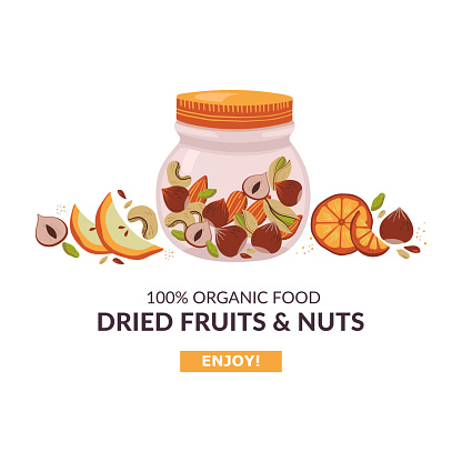 Hand drawn dried fruits and nuts design Organic ingredients for healthy lunch. Vector illustration on white background