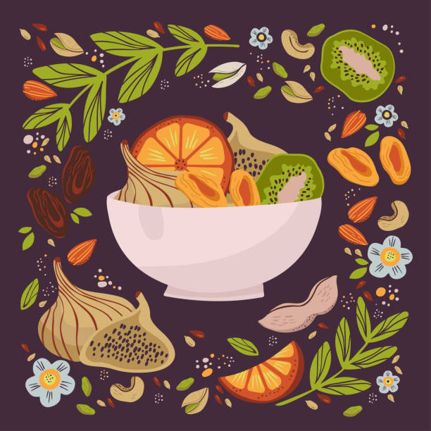 ilustrações de stock, clip art, desenhos animados e ícones de colorful hand drawn vector illustration of dried fruits and nuts. organic snack. - dried apple
