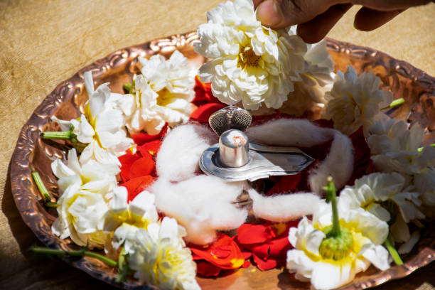foto de um shivlinga prateado que é ícone da cobra senhor shiva acima de shivlinga, sendo adorado flores e guirlanda de algodão por ocasião do festival indiano mahashivratri ou shivratri - shiv bangalore shiva god - fotografias e filmes do acervo