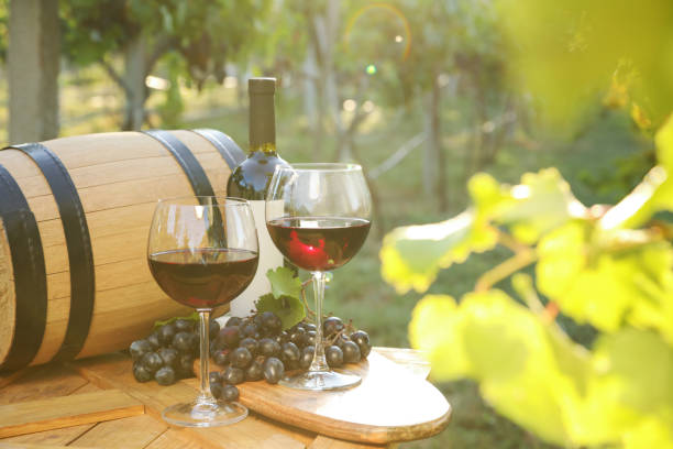 istock Composition with wine and ripe grapes on wooden table in vineyard 1383826865
