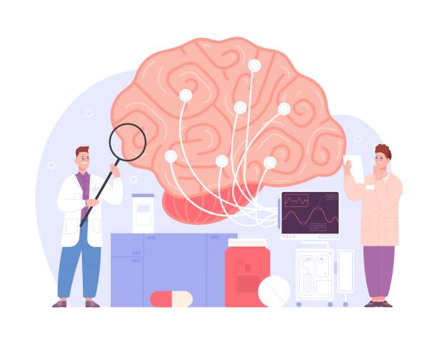 ilustraciones, imágenes clip art, dibujos animados e iconos de stock de examen neurológico cerebral. prueba médica de neurología, tratamiento de emergencia de salud inflamación tumoral, enfermera científica con cables haciendo electroencefalografía - neurologic