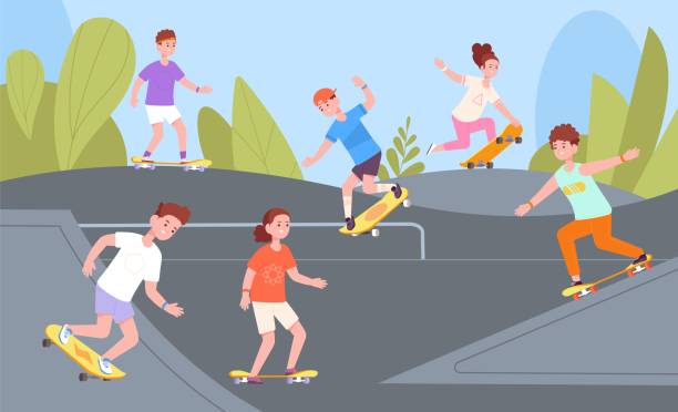 ilustrações, clipart, desenhos animados e ícones de parque de patinadores adolescentes. jovens ativos de patinação andar de skate na rua, culminando playground skatepark cidade urbana esporte esporte adolescente estilo de vida placa de arte, esplêndida ilustração vetorial - skateboard park skateboarding skateboard adolescence