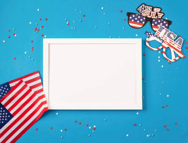 istock USA independence day party elements top view flat lay on blue with frame for mockup 1383829845