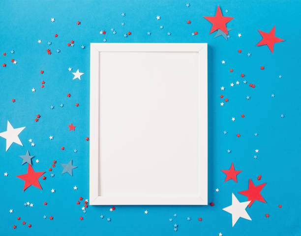 istock USA independence day party elements top view flat lay on blue with frame for mockup 1383830851