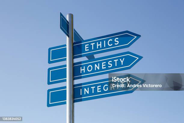 Ethics Honesty Integrity Words On Signpost Stock Photo - Download Image Now - Morality, Honesty, Respect