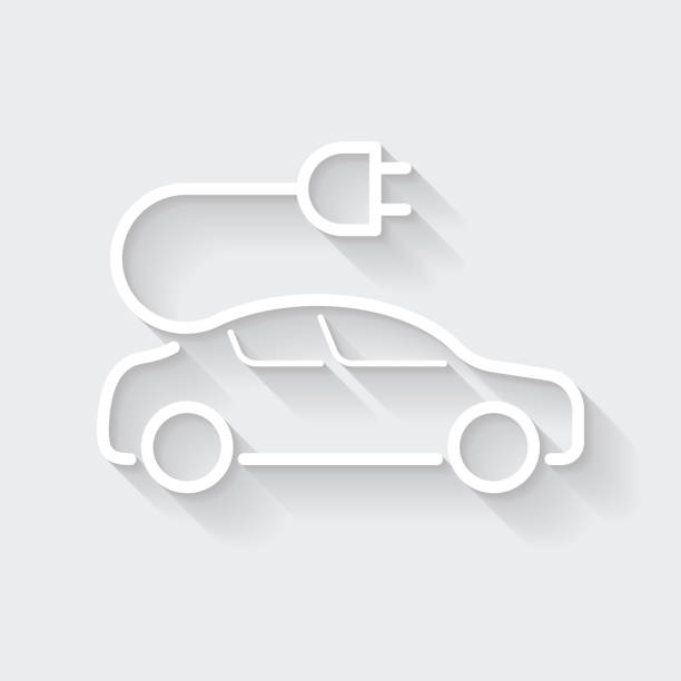 ilustrações de stock, clip art, desenhos animados e ícones de electric car with plug. icon with long shadow on blank background - flat design - car computer icon symbol side view