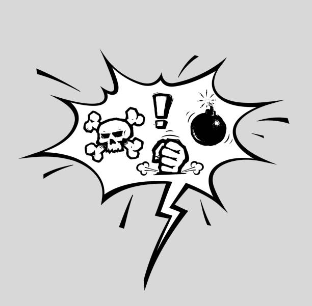 Comic Curse Speech Bubble - Scull Bones Fist Exclamation Mark Bomb Vector illustration icon of a cartoon bubble with Scull and Bone, Bomb, Fist hitting surface and Exclamation Mark Symbols. All elements neatly on well defined layers and groups. curse stock illustrations