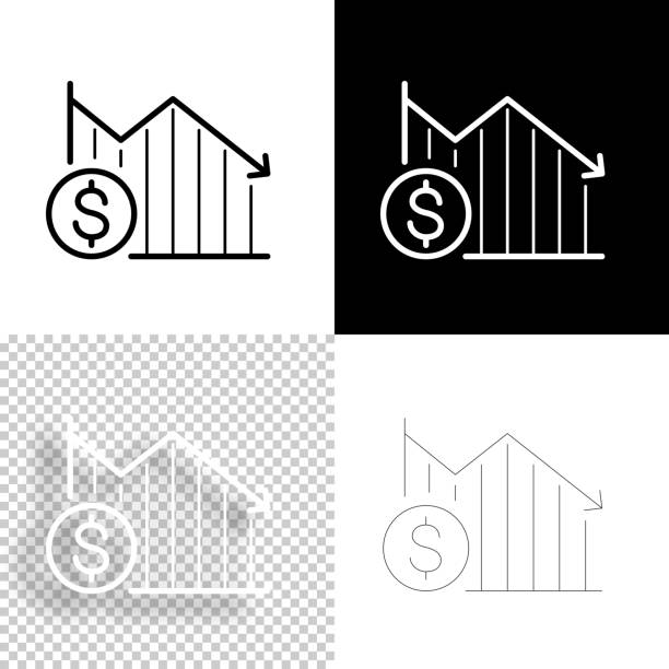 ドル硬貨でグラフを減少させる。デザイン用アイコン。空白、白、黒の背景 - ラインアイコン - moving down dollar decline graph点のイラスト素材／クリップアート素材／マンガ素材／アイコン素材