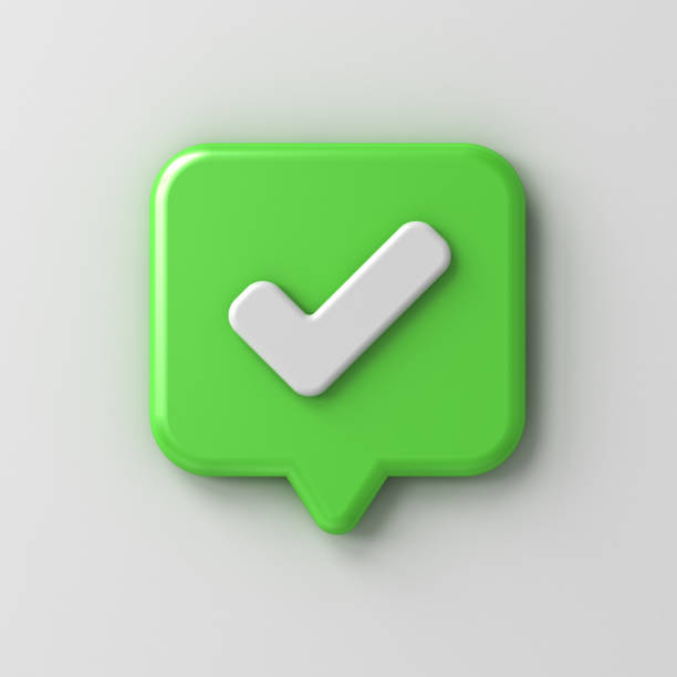 3d social media notification check mark symbol icon on green rounded square chat bubble pin isolated on white background with shadow 3D rendering