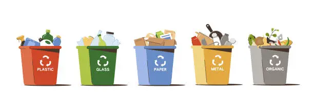 Vector illustration of Flat trash bins for separate and recycle garbage