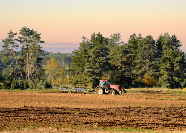 istock Tractor Plowing field. Red Tractor with Plough on Plowed. Ploughing and Soil Tillage. Agricultural Tractor on Cultivation Field for Sowing Seeds. 1383841925