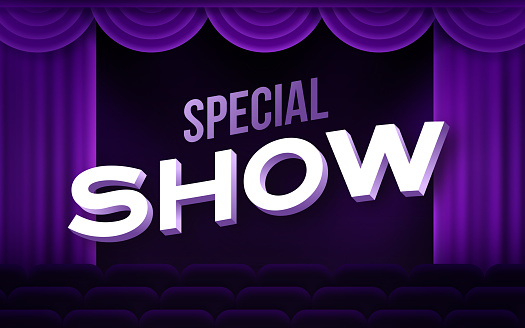 Special show event performance show purple theater hanging banner announcement message.