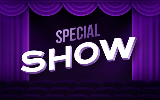 Special Show Theater Message Special show event performance show purple theater hanging banner announcement message. theater industry illustrations stock illustrations