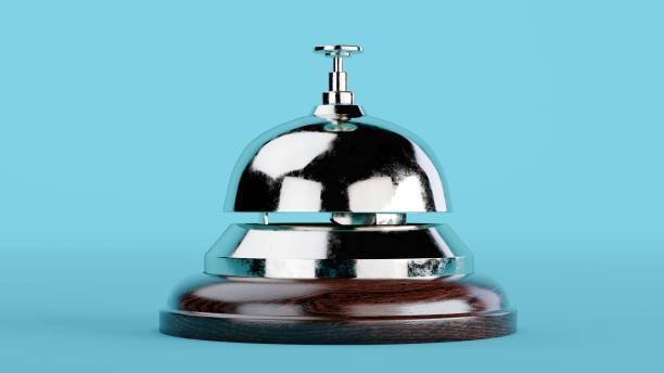 istock 3D render of Reception bell isolated on blue background, hotel bell 1383844997